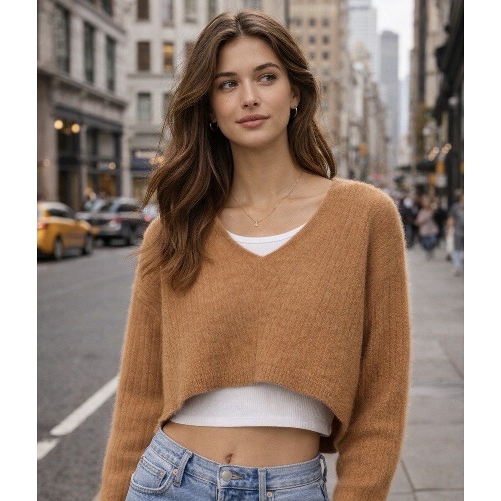 Free People Cropped V-Neck Sweater in Camel